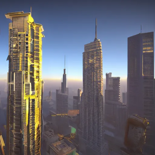 Prompt: brand new skyscraper in the year 5 0 0 0, unreal engine, 8 k, golden hour