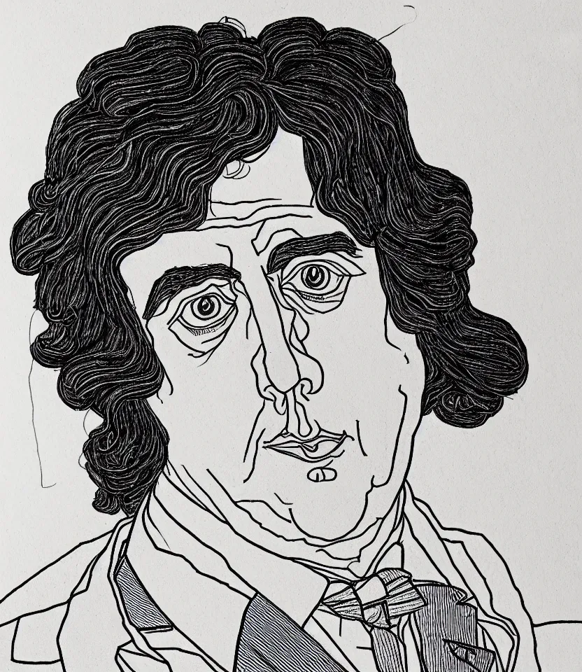 Image similar to detailed line art portrait of oscar wilde, inspired by egon schiele. caricatural, minimalist, bold contour lines, musicality, soft twirls curls and curves, confident personality, raw emotion