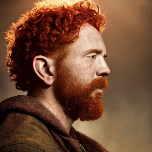 Image similar to side profile of a rugged man with curly red hair wearing a green cloak playing a guitar sitting on a rood top portrait, atmospheric lighting, painted, intricate, volumetric lighting, beautiful, rich deep colours masterpiece, golden hour, sharp focus, ultra detailed, by leesha hannigan, ross tran, thierry doizon, kai carpenter, ignacio fernandez rios