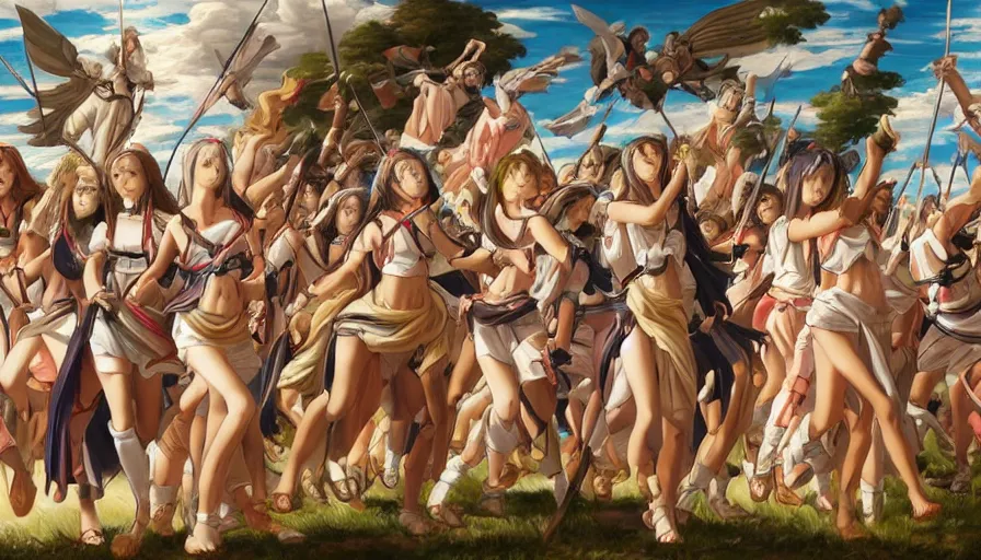 Image similar to jesus christ our lord leading an army of anime girls into battle, photorealistic, anime, mini skirt, long hair, renaissance painting, hyper real, detailed, wide angle shot, ultra detailed