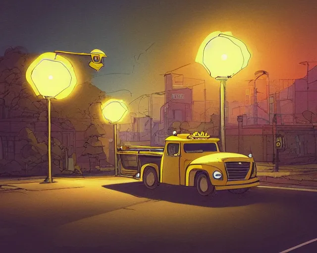 Image similar to a study of cell shaded cartoon of a yellow truck on a country road, street lamps, road, illustration, wide shot, subtle colors, post grunge, concept art by josan gonzales and wlop, by james jean, Victo ngai, David Rubín, Mike Mignola, Laurie Greasley, highly detailed, sharp focus, alien, Trending on Artstation, HQ, deviantart, art by artgem