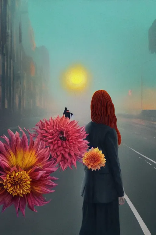 Image similar to closeup giant dahlia flower head, frontal, girl in a suit, standing in street, surreal photography, sunrise, dramatic light, impressionist painting, digital painting, artstation, simon stalenhag