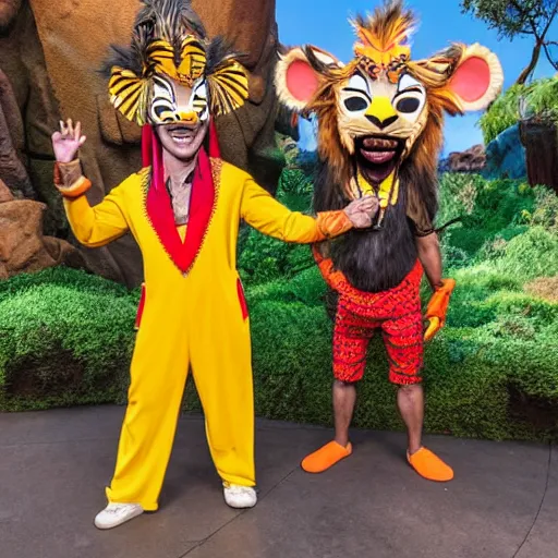 Prompt: mad mascot costumes in the lion king stage show at disneyland, covered outdoor stage, theatrical lighting, iphone video