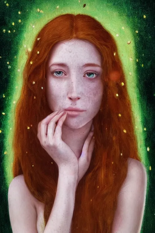 Image similar to a happy a young woman, among the lights of golden fireflies and nature, long loose red hair, intricate details, bright green eyes, freckles on the nose, round gentle face, full body portrait, sophisticated dress, golden ratio, high contrast, photorealistic digital art by artemisia lomi gentileschi and caravaggio and tomacz alen kopera.
