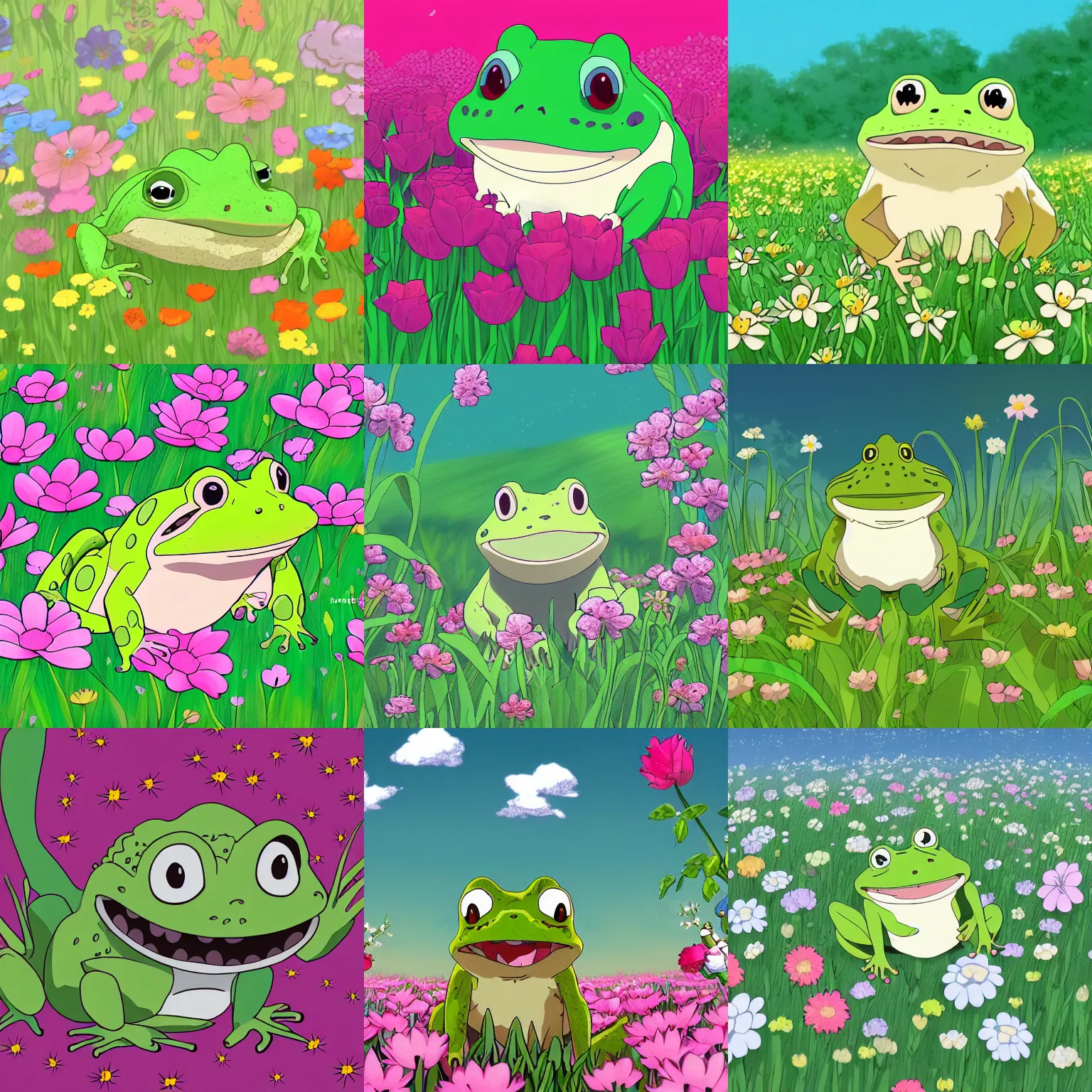 Prompt: illustration of a cute happy frog in a field of flowers, studio ghibli, disney, anime, digital art, cute, shoujo, trending on artstation, very detailed, anime 4 k