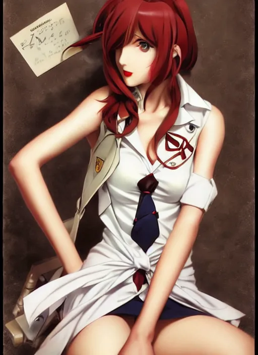 Prompt: Makise Kurisu from Steins;Gate pin up modelling, portrait, post war style, detailed face, anime, by Gil Elvgren, Julie Bell, krenz cushart