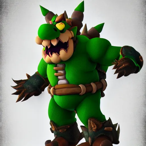 Prompt: https://i.ibb.co/7GjXpG9/evil-giga-bowser-by-bigboss0007-de3sr14-fullview.jpg Bowser roaring into the sky, muscular arms, standing upright, talons, horns, super Mario, horror, silent Hill landscape, highly detailed, ruined kingdom, unreal 5
