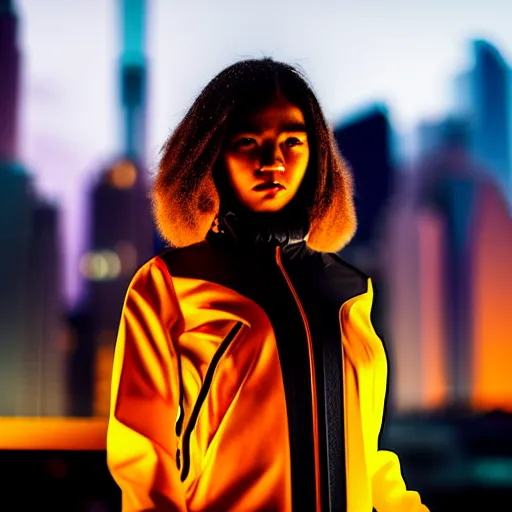 Image similar to photographic portrait of a techwear woman, closeup, on the rooftop of a futuristic city at night, sigma 85mm f/1.4, 4k, depth of field, high resolution, 4k, 8k, hd, full color