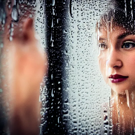 Image similar to a beautiful people photographed through a rainy window, bokeh, cinematic light,