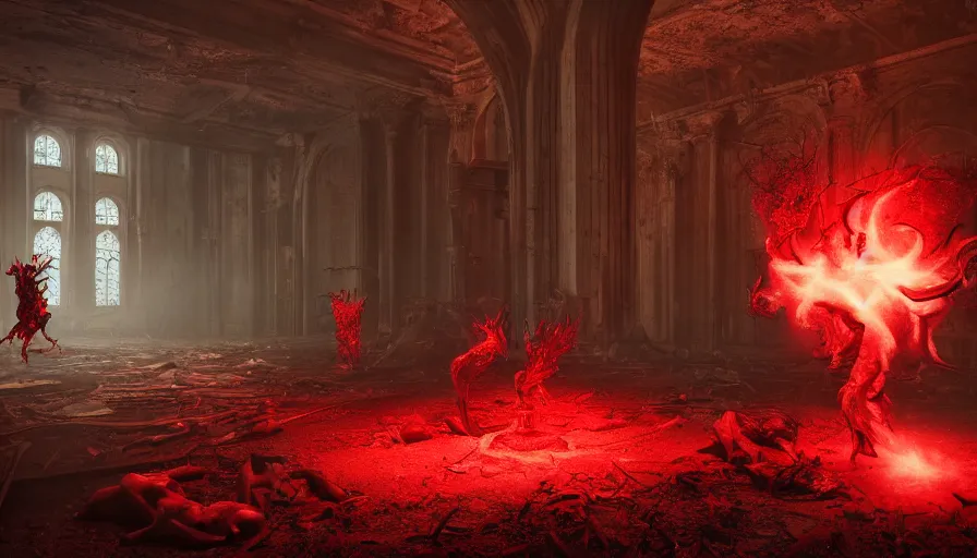 Image similar to hellspawn demonic creatures battle astaroth lovecraftian monsters, in an abandoned church in the vatican, 8 k, soft lighting, hdr, octane render, cinematic, red fluid on walls of the church, smoke, horrific, photorealistic, bokeh