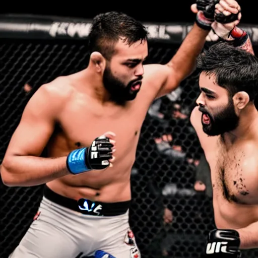 Image similar to ufc fight between rohit sharma & virat hohli in octagon, ultra realistic, highly detailed, canon 3 5 mm photography