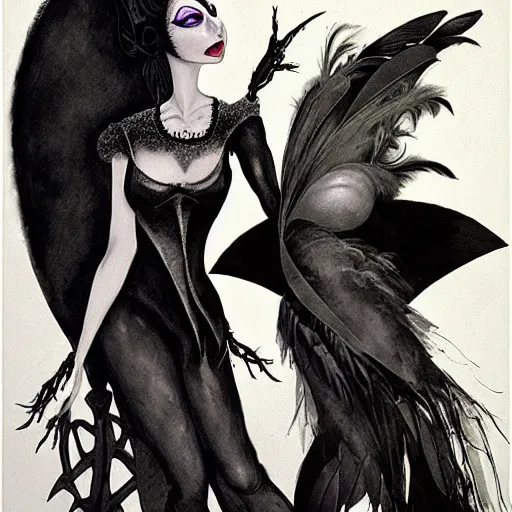 Prompt: goth woman as mysterious supervillain and and black veil and modestly clothed victorian goth, black feathers instead of hair, black wings instead of arms, gray mottled skin, black feathers growing out of skin, transforming, by tim burton and brian froud, german expressionist, paintbrush, rough paper, fine,