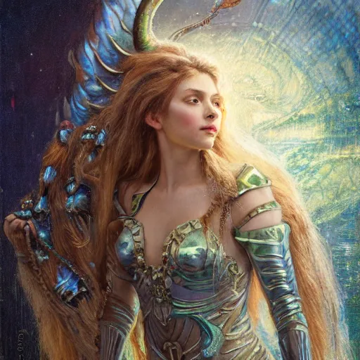 Prompt: artstation, intricate details, by gaston bussiere, bayard wu, greg rutkowski, sandro botticelli, h. r. giger, maxim verehin, techno mystic princess intergalactica, with aqua neon rapunzel dreadlocks, wearing labradorite full body armor, with iridescent dragon angel fairy wings,