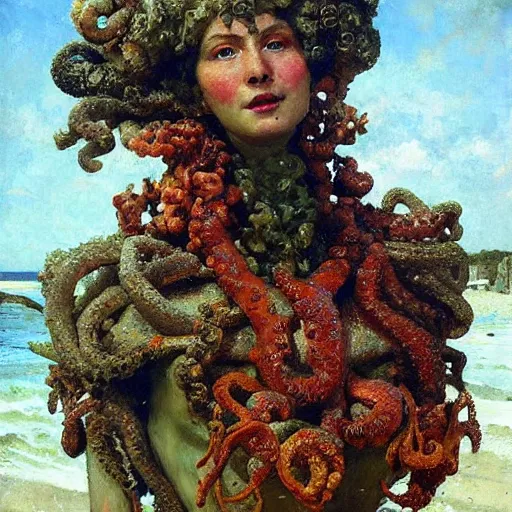 Image similar to a sculpture portrait made of seaweed and coral and shells and octopus, painting part by wojciech siudmak, part by ilya repin, part by max ernst, part by norman rockwell, artstation