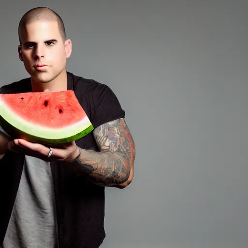 Prompt: portrait photo of matt shadows holding a watermelon, color, studio lighting