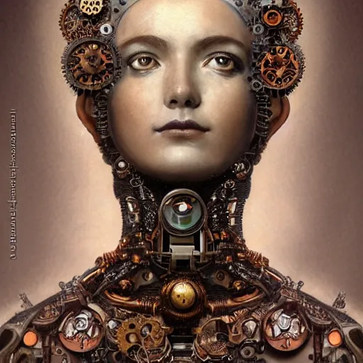 Image similar to A head and shoulders masterpiece portrait of a steampunk beautiful goddess, she half human and half robot, she is embellished with few gears wheels and gemstones, by William Holman Hunt, Greg Rutkowski, Stanely Artgerm, Tooth Wu, Peter Gric, Aaron Horkey, trending on Artstation, digital art, mythological, symmetrical artwork, cinematic lighting, hyper realism, high detail, octane render, ultra realistic, golden ratio, 4k, 8k