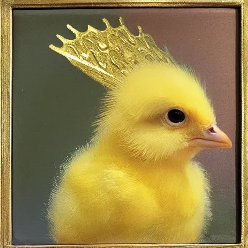 Prompt: a baby chick wearing a golden crown, oil in canvas style