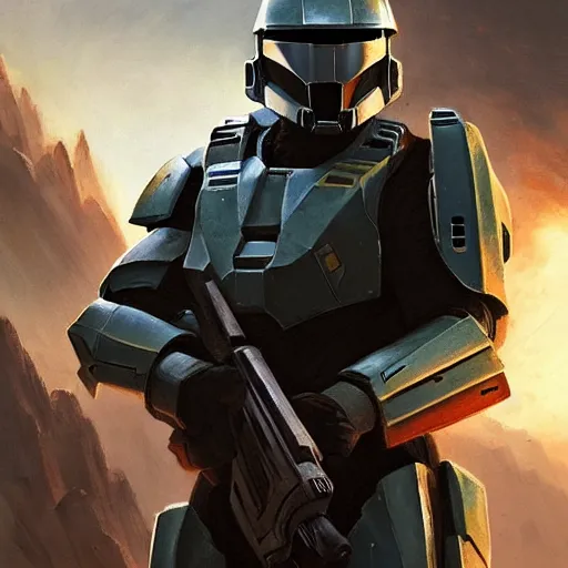 Image similar to Master Chief from Halo 5 with The Mandalorian, by greg rutkowski, trending on artstation, hd