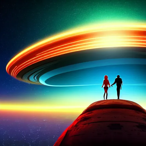 Prompt: couple staying on the edge of the earth and looking spaceship leaving the planet, huge ship bigger than planet, symmetry composition, crashed dimensions, backward camera, wide epic angle, flying objects, night neon colors, unreal engine, high detailed W 1280