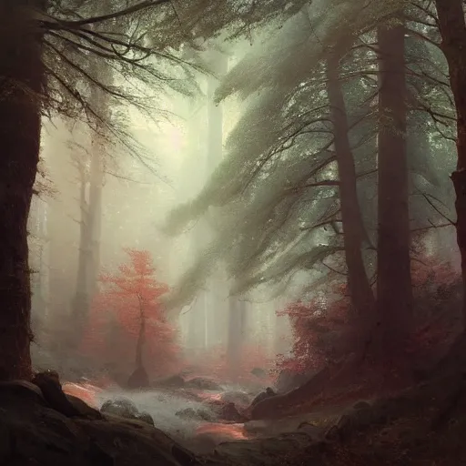 Image similar to a beautiful painting of a forest by ivan aivazovsky and sin jong hun and greg rutkowski. in style of concept art. 8 k texture. ray tracing. sharp lines, hyper detailed. octane render. trending on artstation
