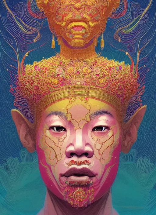 Prompt: prompt! dream symmetry!! stunning portrait of beautiful face vietnamese hung king wearing tradition clothes!! by victo ngai, kilian eng vibrant colours, dynamic lighting, digital art, winning award masterpiece, fantastically beautiful, illustration, aesthetically inspired by beksinski and dan mumford, trending on artstation, art by greg rutkowski, 8 k