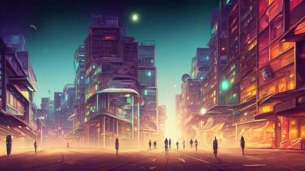 Prompt: the empty city street looking towards the spaceport at night by cyril rolando and naomi okubo and dan mumford