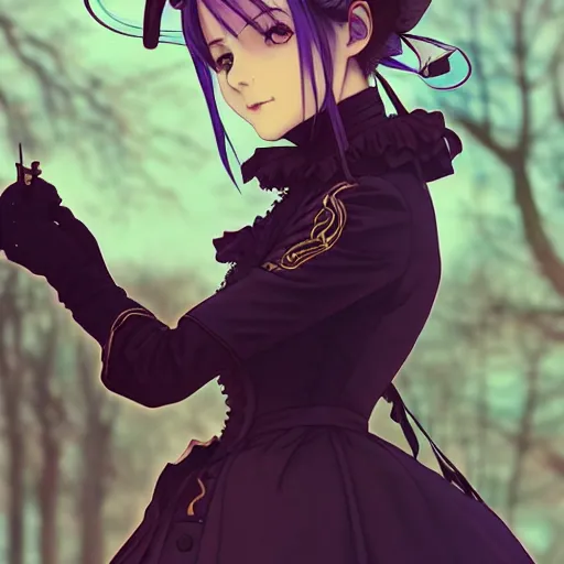 Image similar to wearing full clothing in full clothing victorian dress, beautiful anime woman, purple hair, red eyes, weapon, steampunk, symmetrical face, symmetrical eyes, full round face, short smile, detailed, winter setting, cinematic lighting, medium shot, mid - shot, makoto shinkai, artgerm, ilya kuvshinov, loish