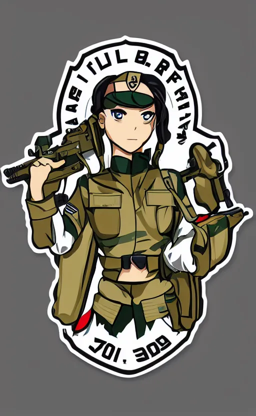 Prompt: shoulder patch design, soldier girl, anime style, clean logo design, military insignia, no text, soldier clothing, realistic military gear, 70mm, inspired by shirt producer, made in photoshop, no background, vector line art, by professional designer, smooth