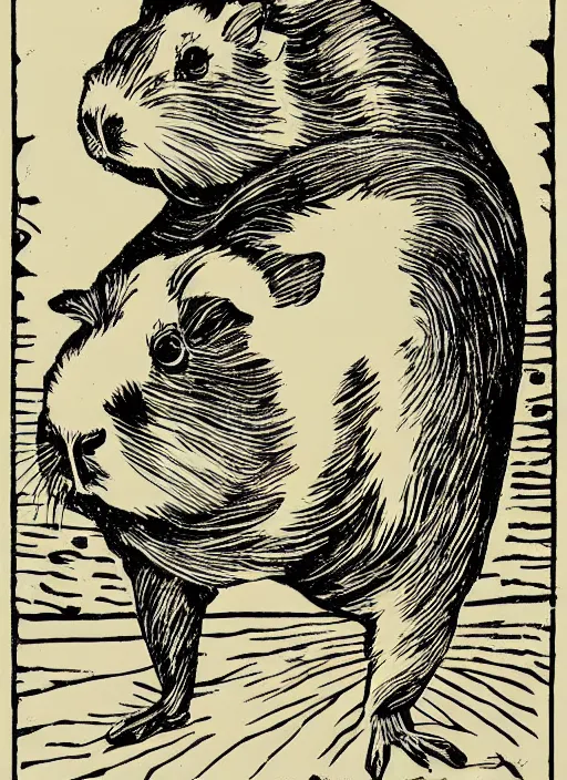 Prompt: guinea pig woodcut print by Samuel Jessurun de Mesquita