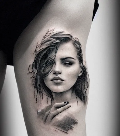 Image similar to tattoo design sketch of a beautiful woman face with a faded background of beautiful mountain nature on her side, hyper - realistic, double exposure with amazing nature, in the style of den yakovlev, amazing detail, black and white, faded