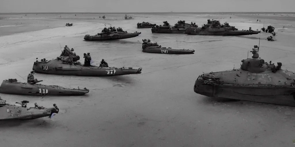 Image similar to WW2 omaha beach in the style of Dim Martin