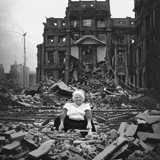 Prompt: realistic black and white old photo of a giant very old woman on destroyed city, full body, short dof, extremely cute, large head, hyper realistic, minutely detailed