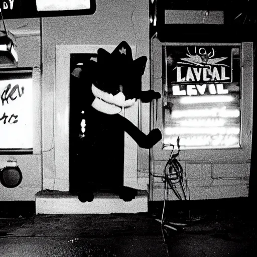 Prompt: felix the cat leaving a dive bar trashed at 3 am in the morning, film still, panavision panaflex