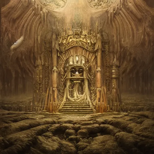 Prompt: the throne of reason | highly detailed matte painting, hyperrealistic, very intrincate | cinematic lighting, award - winning | by rachel ruysch, giger, beksinski and bocklin | by austin osman spare and william blake, trending on artstation, cgsociety, official art, octane.