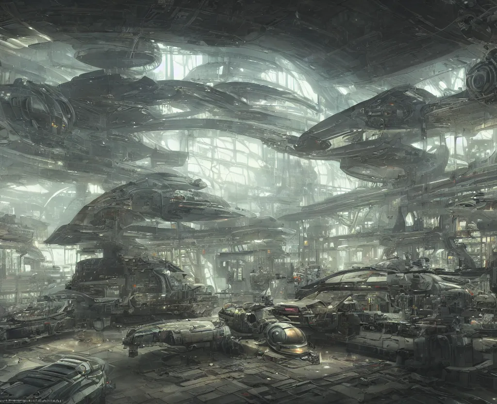 Prompt: the inside of a futuristic mechanic spaceshop, spaceship being repaired, highly detailed interior, holographic screen in center frame by peter mohrbacher and craig mullins, dieselpunk, cyberpunk, firefly, cryengine render, hyper realism, realistic shading, cinematic composition, realistic render, octane render, detailed textures, photorealistic