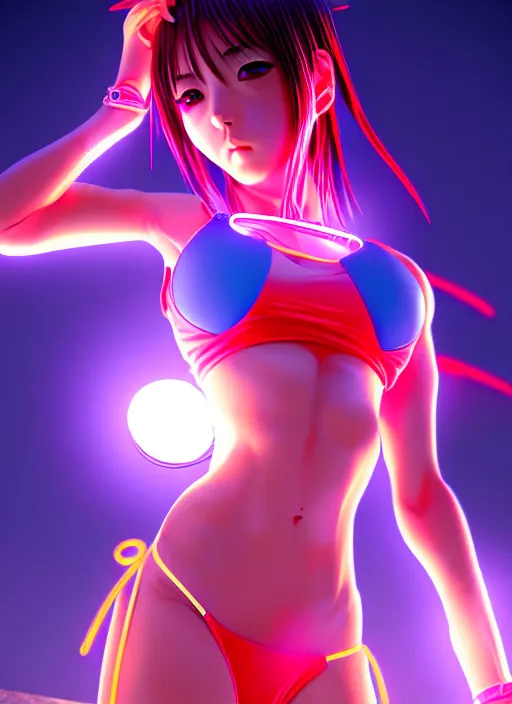 Image similar to anime girl in bikini, hero human structure insects concept art, full body, intricate detail, art and illustration by kim hyung tae and irakli nadar and alexandre ferra, global illumination, action pose at tokyo cyberpunk neon light night