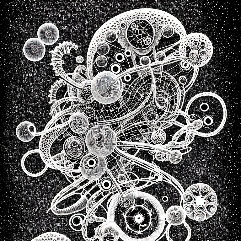Image similar to a black and white drawing of a variety of sea life and filled with gundam mech equipment space station, a microscopic photo by ernst haeckel, zbrush central, kinetic pointillism, bioluminescence, biomechanical, intricate patterns, photoillustration