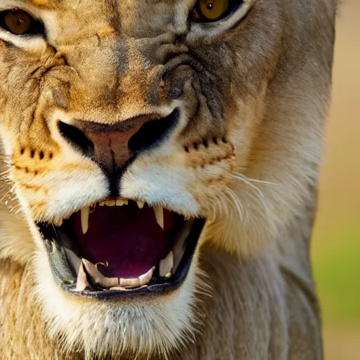 Image similar to a lioness, looking intensely at the camera, licking her mouth, 4 k, nature photograph