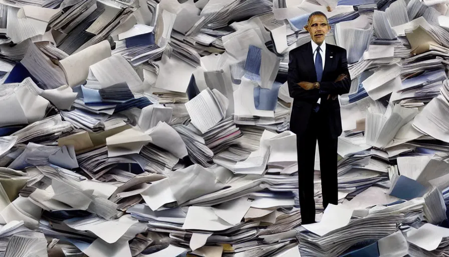 Image similar to obama nervously standing by a mountain of papers, cnn news footage, 8 k.