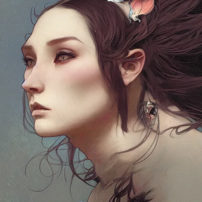 Image similar to A portrait of A cat girl by Ross Tran!!! and alphonse mucha and greg rutkowski! and gustav doré! and Zdzisław Beksiński!,In style of digital art illustration.Symmetry.Highly detailed face.Fantasy,smooth,hyper detailed,sharp focus,Soft light.trending on artstation.4k