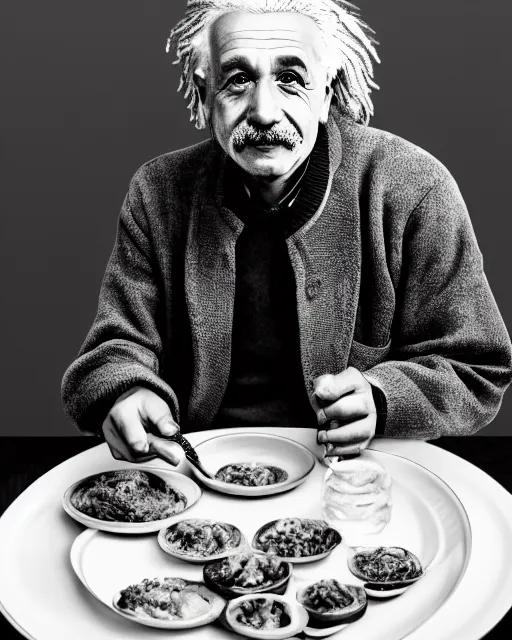 Image similar to a portrait of albert einstein sitting at the dining table with a plate containing panipuri in front of him, highly detailed, trending on artstation, bokeh, 9 0 mm, f / 1. 4