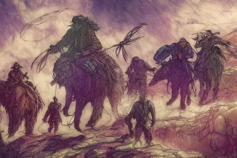 Prompt: group of bear riders walking through a psychedelic landscape, in the style of Greg Broadmore and Arthur Rackham and Moebius, trending on artstation, light lighting side view,digital art,surrealism ,macro,blueprint ,vaporwave ,