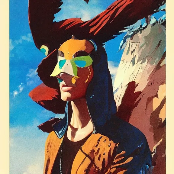 Prompt: illustration of model in plastic bird mask wearing baggy colorful 9 0 s rick owens jacket by frank frazetta. sci fi book cover.