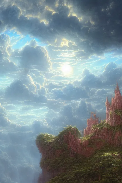 Image similar to a beautiful hyper realistic detailed matte painting of an island floating in the sky, flying castle tower, vivid color hues, looks like creativity by john howe, greg rutkowski, gustave dore, ferdinand knab, lush sky above a desolate apocalyptic plain, barometric projection, rectilinear, octane render, ellen jewett, beautiful surreal palatial pulsar at dawn