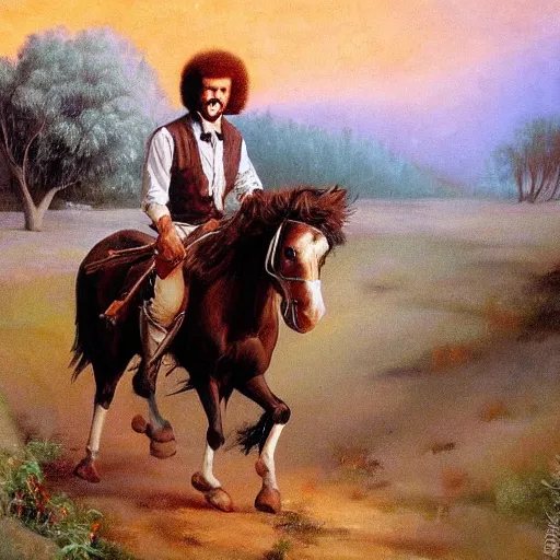 Image similar to bob ross screaming on horse by remington