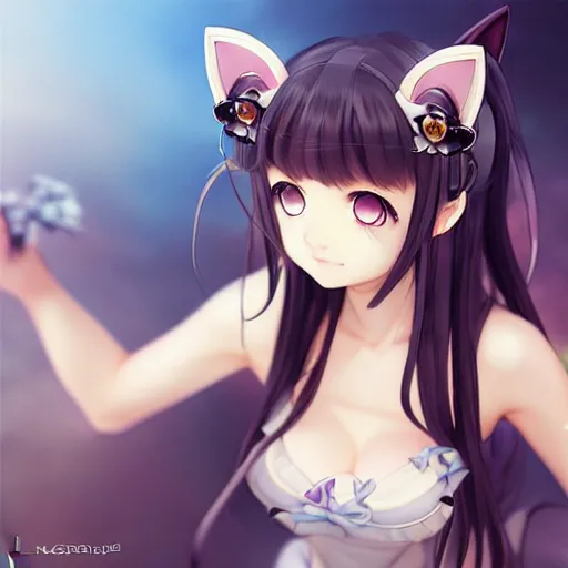 Image similar to nekopara fantastically detailed eyes cute girl portrait with fantastically detailed cat ears dressed like a cat modern anime style, made by Laica chrose, Mina Petrovic, Ross Tran, WLOP, Ruan Jia and Artgerm, Range Murata and William-Adolphe Bouguereau, Cell shading modern anime trending professional digital art unreal Engine Fantasy Illustration. award winning, Artstation, intricate details, realistic, Hyperdetailed, 8k resolution