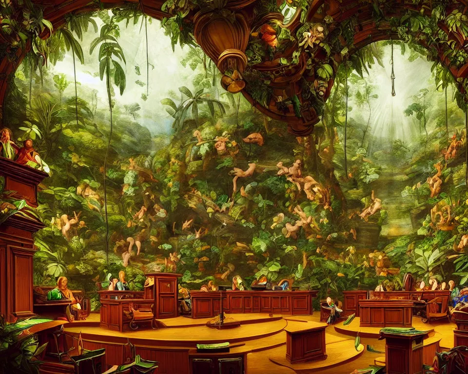 Prompt: an ornate courtroom in the rainforest by raphael and hopper. hyperdetailed, proportional, romantic, enchanting, achingly beautiful, graphic print, trending on artstation, jungle, tropical, foliage