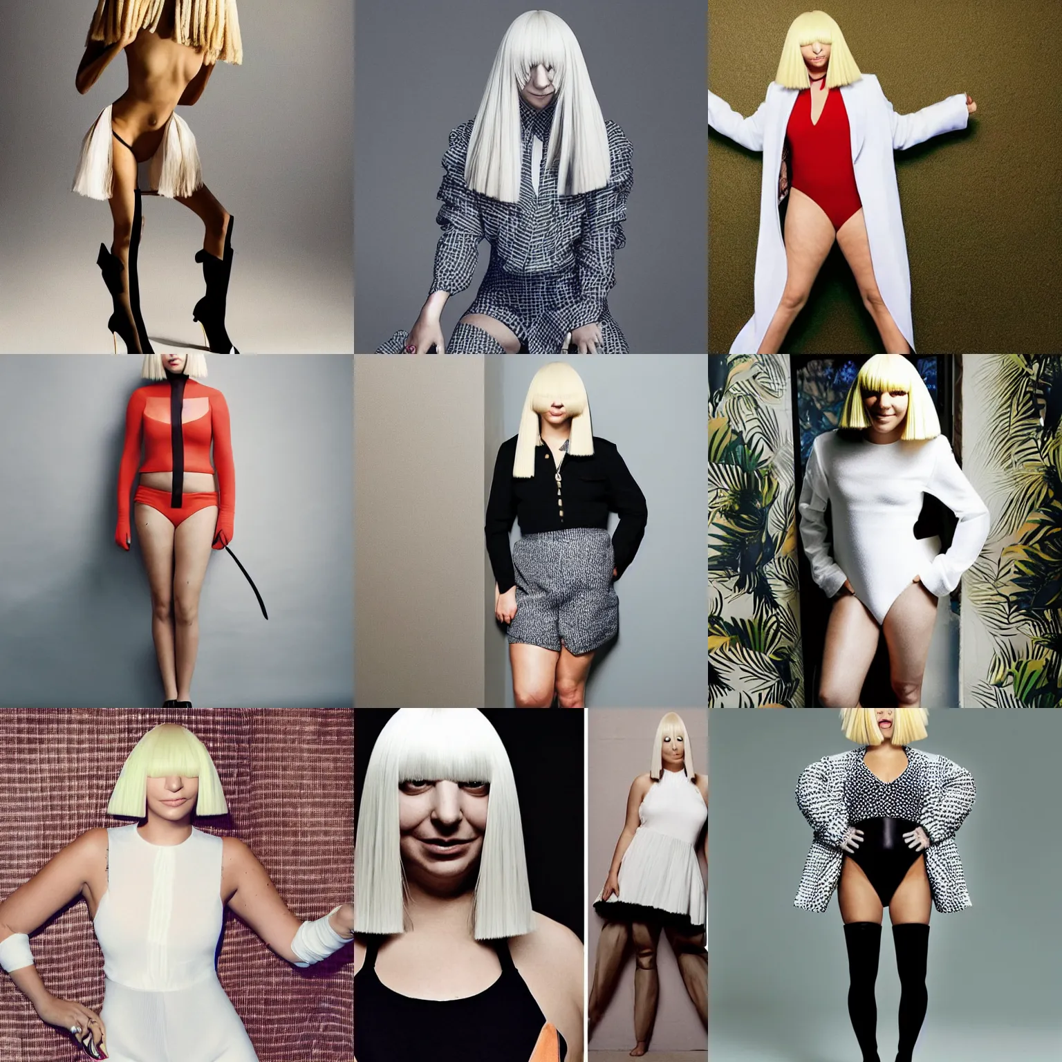 Image similar to Sia Furler wearing a leatoard full body photoshoot