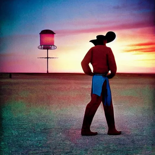 Image similar to A beautiful photograph of a lone ranger, set against a backdrop of a beautiful sunset. by Karel Thole, by Piet Hein Eek colorful