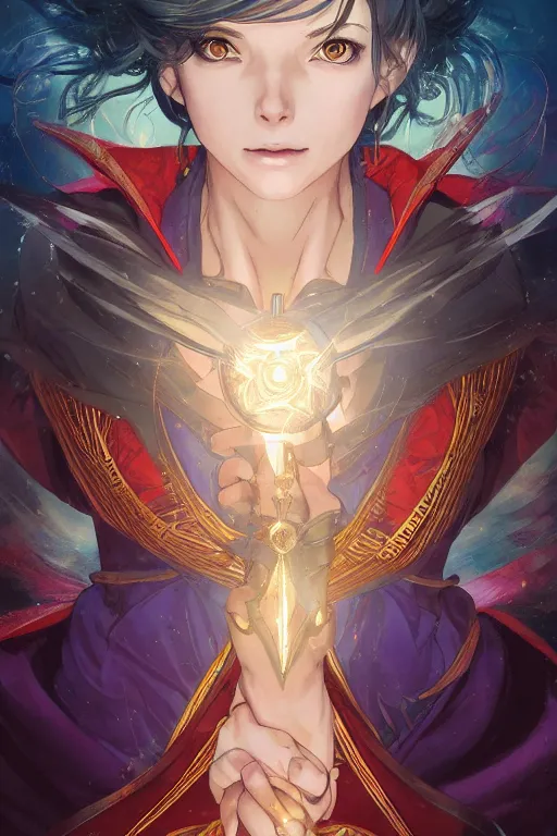 Image similar to anime key visual of a beautiful young female doctor strange, marvel comics, spells, magic, intricate, magical village, stunning, highly detailed, digital painting, artstation, smooth, hard focus, illustration, art by artgerm and greg rutkowski and alphonse mucha